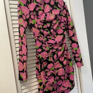 Zara Black and Pink Floral Long Sleeve Dress
